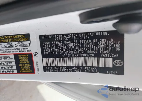 2017 Toyota Camry Le from USA, damaged, VIN 4T1BF1FKXHU381720